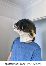 Hornsby, NSW Australia - March 12th 2021: A Man Wearing A Fish Head Mask In A Blue T-shirt