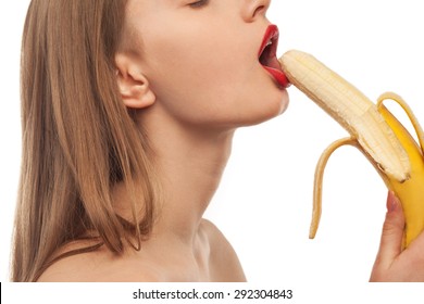 Horny Girl Eats And Licks The Banana. Oral Sex