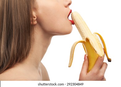 Horny Girl Eats And Licks The Banana. Oral Sex