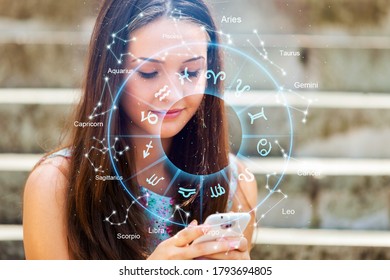 Horoscope Astrology Zodiac Illustration With Woman Holding A Phone