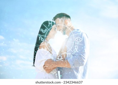 Horoscope compatibility. Loving couple and zodiac wheel - Powered by Shutterstock