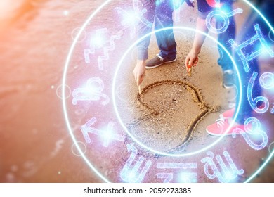 Horoscope concept, couple guy and girl on the background of a circle with the signs of the zodiac, astrology. Conceptual photo of a couple with perfect match between the signs of the zodiac - Shutterstock ID 2059273385