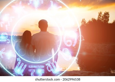 Horoscope Concept, Couple Guy And Girl On The Background Of A Circle With The Signs Of The Zodiac, Astrology. Conceptual Photo Of A Couple With Perfect Match Between The Signs Of The Zodiac