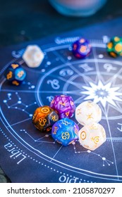 Horoscope zodiac circle with divination dice. Fortune telling and astrology predictions concept, magic rituals and exoteric experience - Shutterstock ID 2105870297