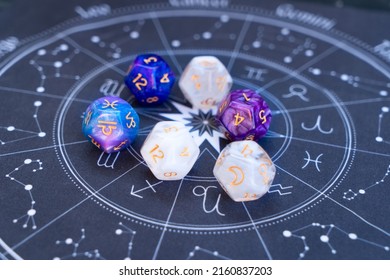 Horoscope zodiac circle with divination dice. Fortune telling and astrology predictions concept, magic rituals and exoteric experience - Shutterstock ID 2160837203