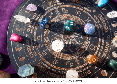 Horoscope zodiac circle with divination dice and birthstones. Fortune telling and astrology predictions charts concept, magic rituals and exoteric experience