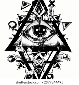 a horrific eye tattoo in the center of an inverted equilatero triangle surrounded by skulls and amorphous faces