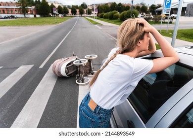 Horrified Driver After A Car Accident With Baby Pram On The Crosswalk. Concepts Of Safety, Traffic Code And Insurance.