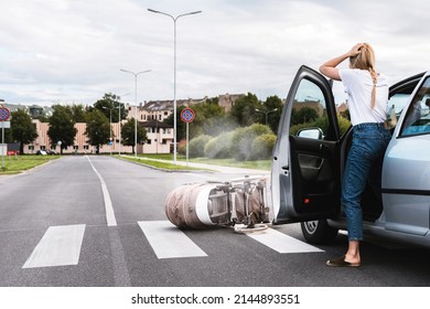 Horrified Driver After A Car Accident With Baby Pram On The Crosswalk. Concepts Of Safety, Traffic Code And Insurance.