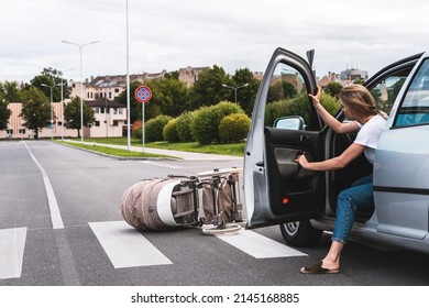 Horrified Driver After A Car Accident With Baby Pram On The Crosswalk. Concepts Of Safety, Traffic Code And Insurance.