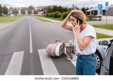 Horrified Driver Makes An Emergency Call After A Car Accident With Baby Pram On The Crosswalk. Concepts Of Safety, Traffic Code And Insurance.