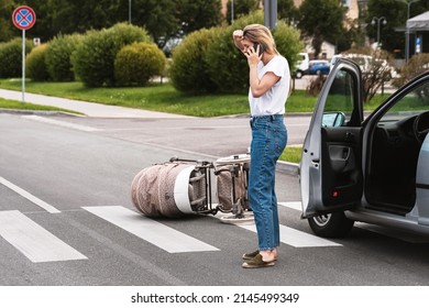 Horrified Driver Makes An Emergency Call After A Car Accident With Baby Pram On The Crosswalk. Concepts Of Safety, Traffic Code And Insurance.