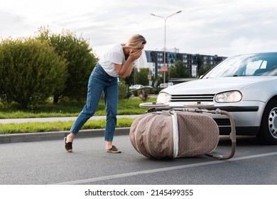 Horrified Mother After A Car Accident When A Vehicle Hits Her Baby Pram Because Of Jaywalking. Concepts Of Safety, Traffic Code And Insurance.