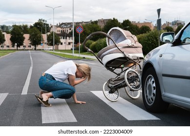 Horrified Mother On The Crosswalk After A Car Accident When A Vehicle Hits Her Baby Pram. Concepts Of Safety, Traffic Code And Insurance.