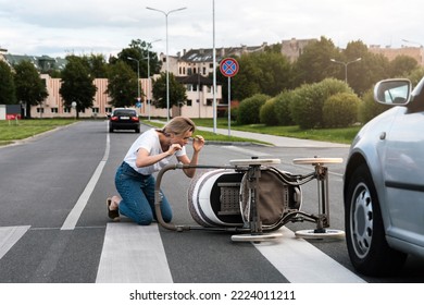 Horrified Mother On The Crosswalk After A Car Accident When A Vehicle Hits Her Baby Pram. Concepts Of Safety, Traffic Code And Insurance.