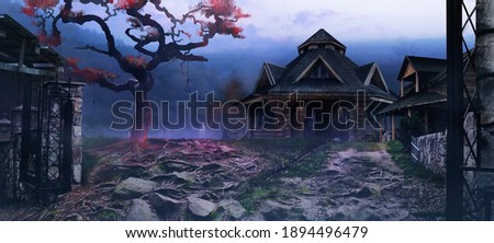 Horror background image of fantasy witch village on evening mountain woods land with scary crimson colored tree and mist.
