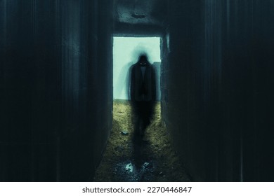 A horror concept of a ghost like demon with glowing eyes, walking through a tunnel in a creepy old building. With a grunge edit.