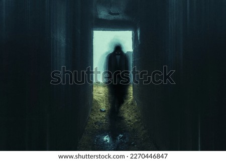A horror concept of a ghost like demon with glowing eyes, walking through a tunnel in a creepy old building. With a grunge edit.