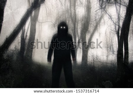 A horror concept. A silhouetted hooded figure, standing in a winter forest, with glowing scary eyes. With a grunge, texture, blurred edit