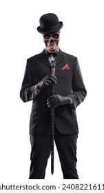 Horror elegant Halloween character with skull head posing and looking at camera, he is wearing a suit and bowler hat