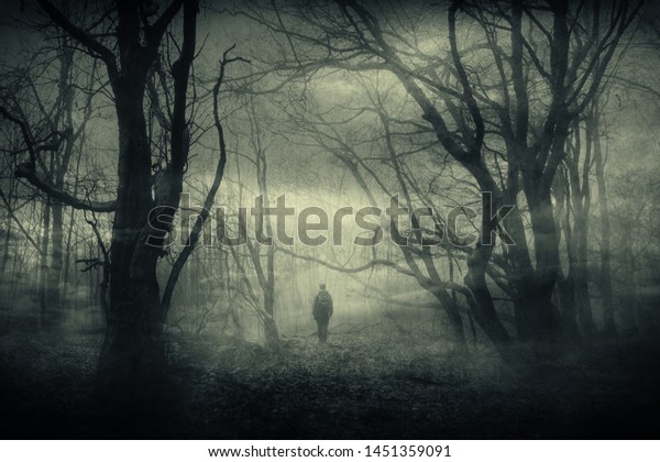 夜の恐怖の影と共に恐怖の森の風景と驚くべき姿 の写真素材 今すぐ編集