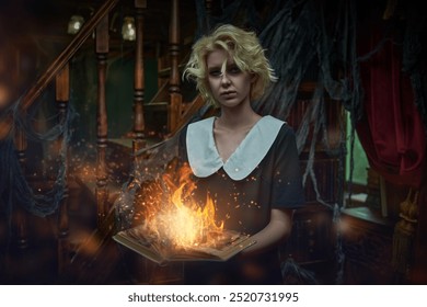 Horror. Halloween. A lonely ghost girl with glowing eyes stands in an old abandoned library with a burning book in her hands.  - Powered by Shutterstock