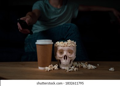 Horror Movie Night. Drink In Craft Cup And Popcorn In A Scary Skull Shaped Bowl