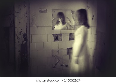 Horror Movie Scene With A Creepy Face In The Mirror