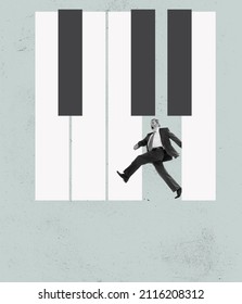 Horror music. Contemporary art collage of crazy, shocked senior man in suit running out piano keys isolated over grey background. Song and music writer. Concept of creativity, inspiration