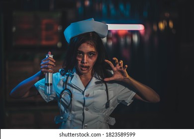 Horror Scary Evil Insane Nurse Doctor Held The Knife, Zombie Woman Gosth With Halloween Concept