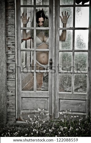 Horror Scene of a Pregnant Woman looking through broken glass doors