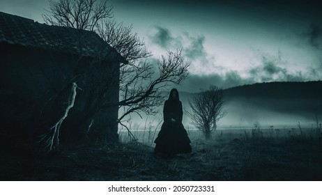 Horror Scene of a Scary Woman in the Misty Forest