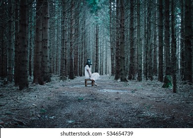 Horror Scene Of Scary Woman In White Dress, Barefoot