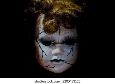 Horror Style Porcelain Blonde Hair Doll Face In Darkness, Retro Doll Style