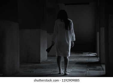 Horror Woman Ghost Creepy Holding Knife For Kill, Halloween Day Concept