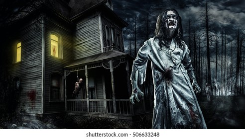 Horror zombie near the abandoned house. Halloween.