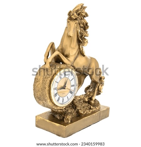 Horse Antique Marble Bronze golden Retro Mantel Vintage Table clock isolated with Decorative figurine sculpture. Empire Style Decorative Time Pieces Statue for Living Room and Bedrooms.
