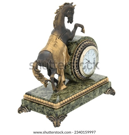 Horse Antique Marble Bronze golden Retro Mantel Vintage Table clock isolated with Decorative figurine sculpture. Empire Style Decorative Time Pieces Statue for Living Room and Bedrooms.