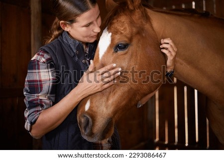 The horse, with beauty unsurpassed, strength immeasurable. a young woman petting a horse in a barn.
