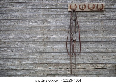 Horse bridle hangs on a horseshoe rack on the side of an old barn