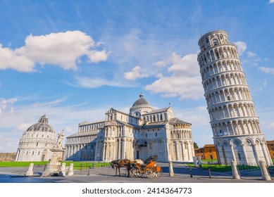 Horse with carriage on the square with Pisa leaning tower and cathedrals, Italy