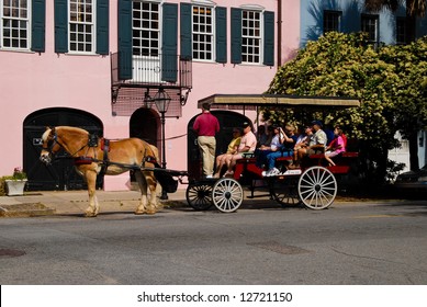 Horse Carriage With Tourists In Charleston, SC