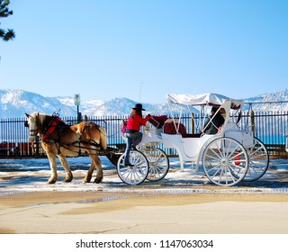 Horse Drawn Carriage In Front Of Snow Mountain