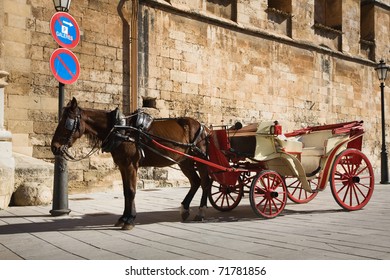 Horse Drawn Carriage In Parking Lot, Mallorca, Spain