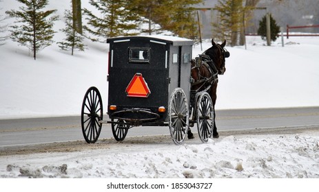 A Horse Drawn Carriage Photographed In Rural Ontario On A Winter Afternoon.