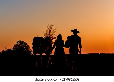 Horse And Gaucho Family On Farm At Sunset Silhouette.