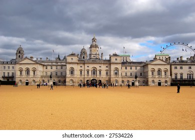Horse Guards Parade - a large parade ground off Whitehall in central London and London Eye on a typical british weather