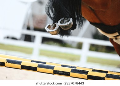 Horse hooves close-up when jumping over a barrier. Details of equestrian sports - Shutterstock ID 2357078443