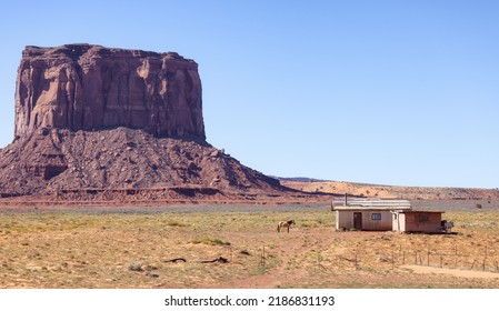 Horse And House In Desert Rocky Mountain American Landscape. Morning Sunny Sunrise Sky. Oljato-Monument Valley, Utah, United States. Nature Background