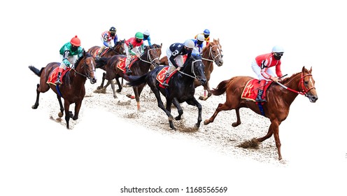 Horse Jockey Racing Competition On Isolated White Background